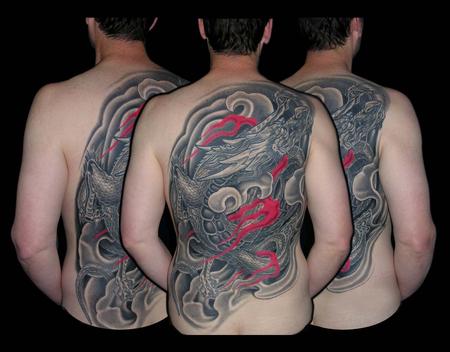 Tattoos - Black and Grey Asian Dragon Back Piece - 79353